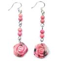 Unique fashion earrings with round pinky bead holding a rose, fit in fish hook back